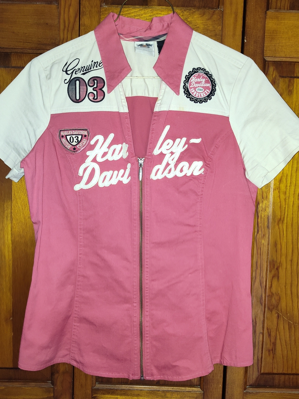 Harley-Davidson Women's Pink and Cream Zip-Front Fitted Blouse